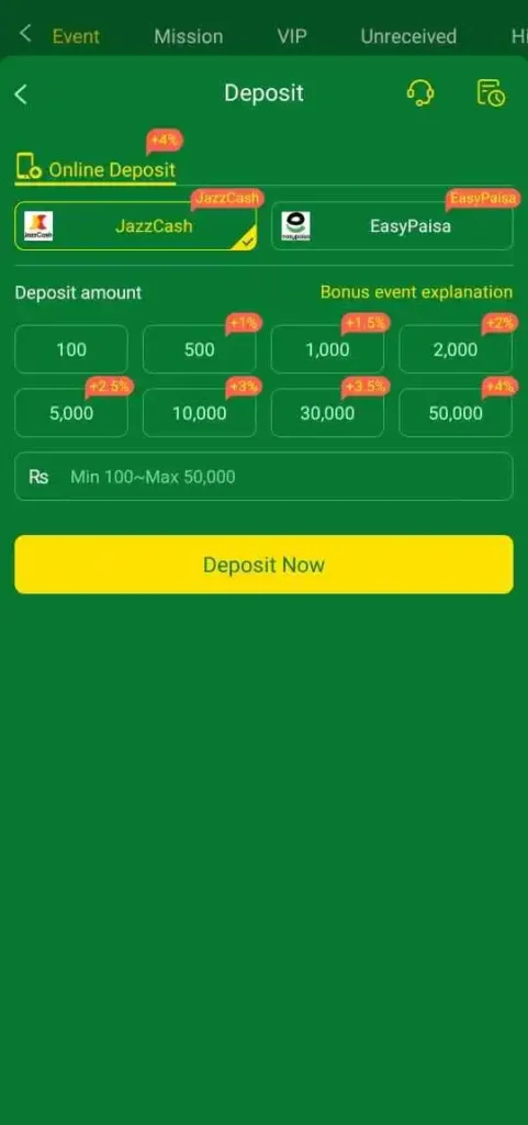 Alano Fishing Game deposit screen with JazzCash option